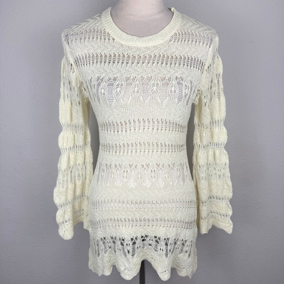 Tops - Cream Open Knit Crochet Bell Sleeve Tunic Top Scalloped Hem Boho Cute Size Med